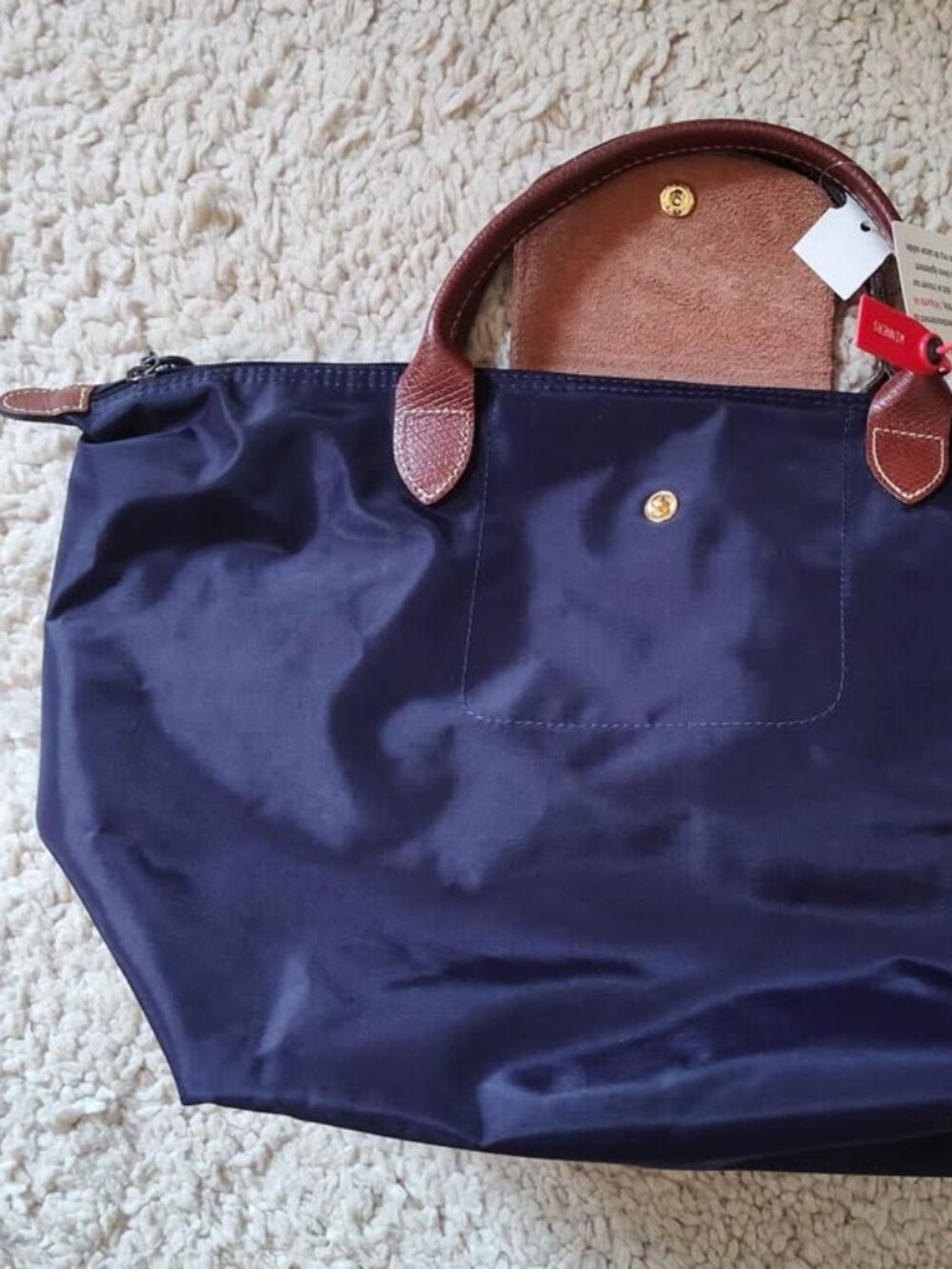 Longchamp Navy Blue Nylon Tote with Brown Leather Trim